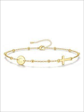 14K Gold Plated Cross Initial Charm Link Bracelet Hypoallergenic Gift for Women